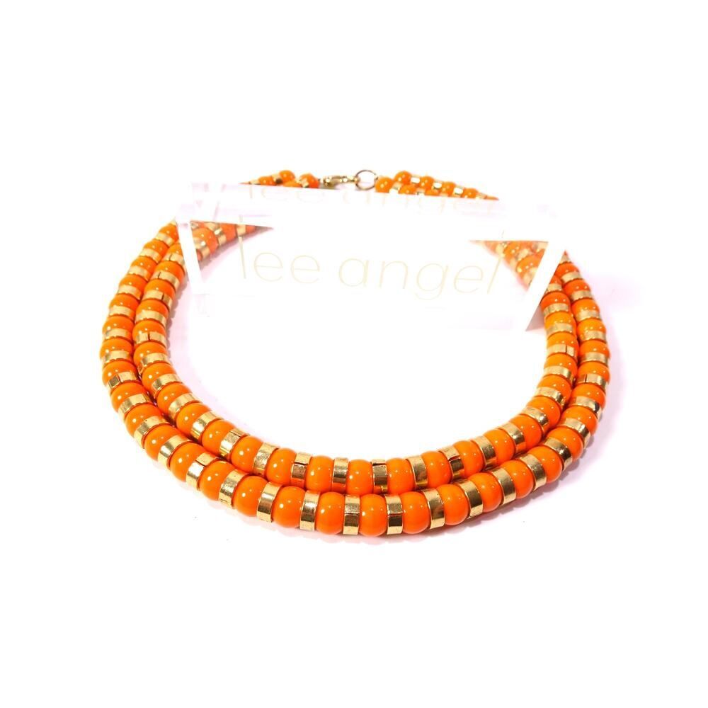 Neiman Marcus Lee Angel Orange Glass Bead Spacer Double Layer Necklace NWT 298